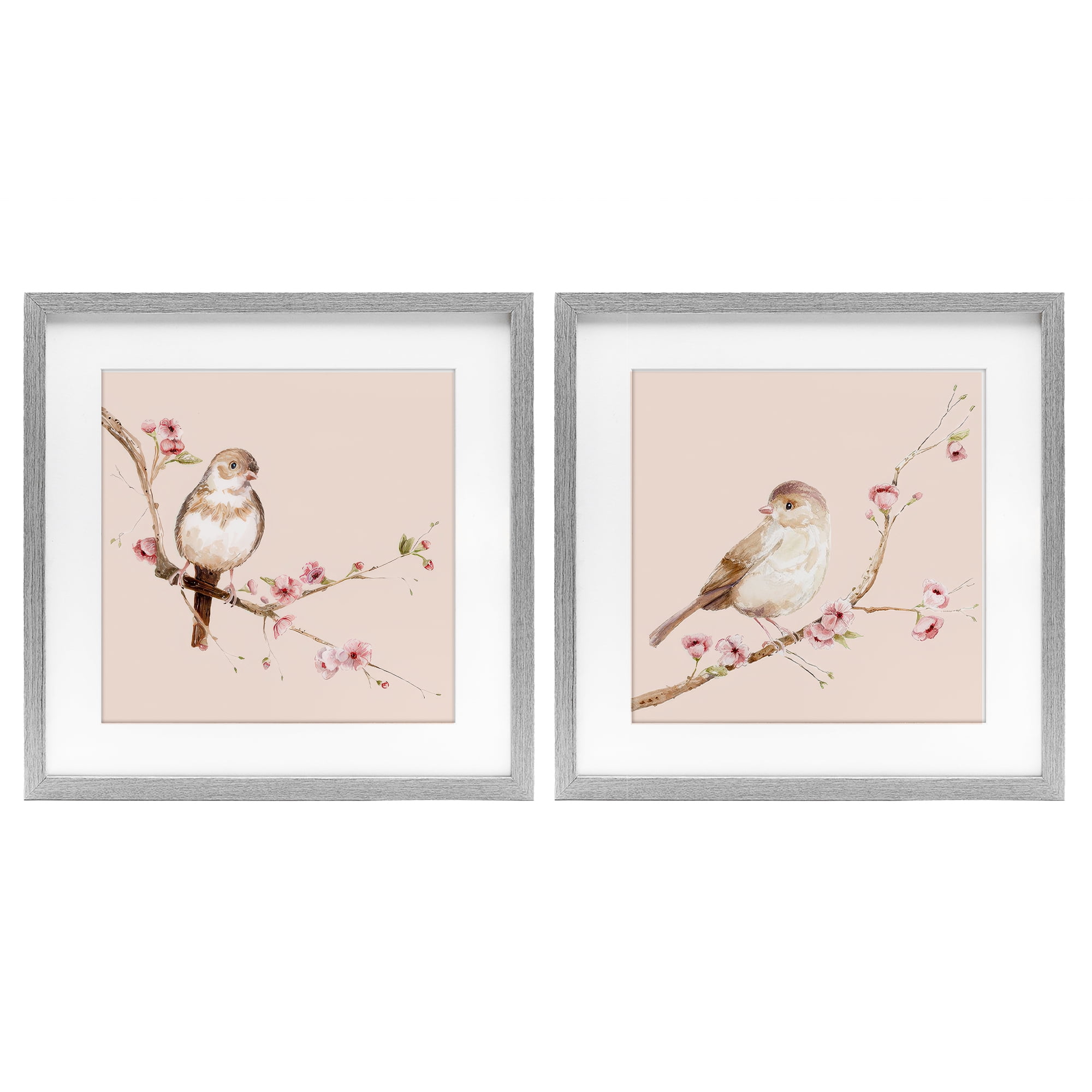 Sweetest Brown Birds Branch 2 Piece Gray Framed Print Under Glass Set, design by Lisa Wehmeyer