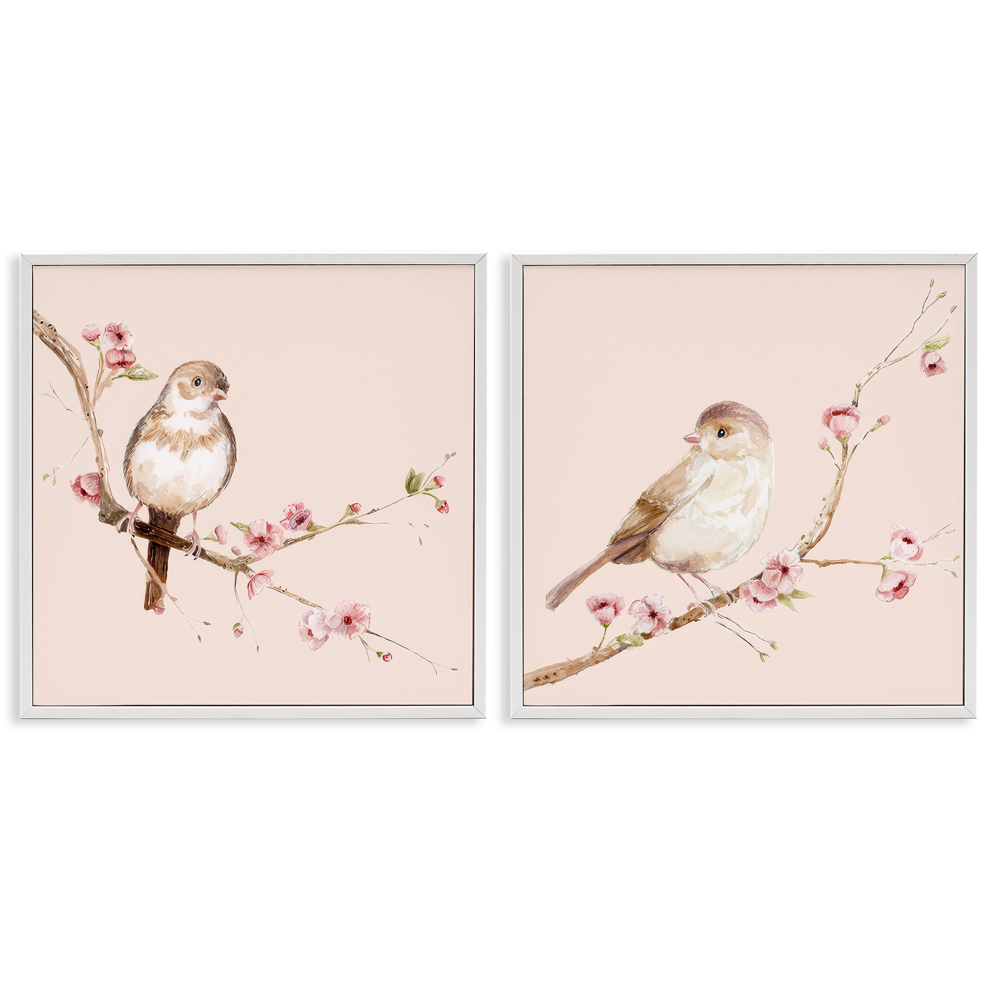 Sweetest Brown Birds Branch 2 Piece White Framed Giclee Art Set, design by Lisa Wehmeyer
