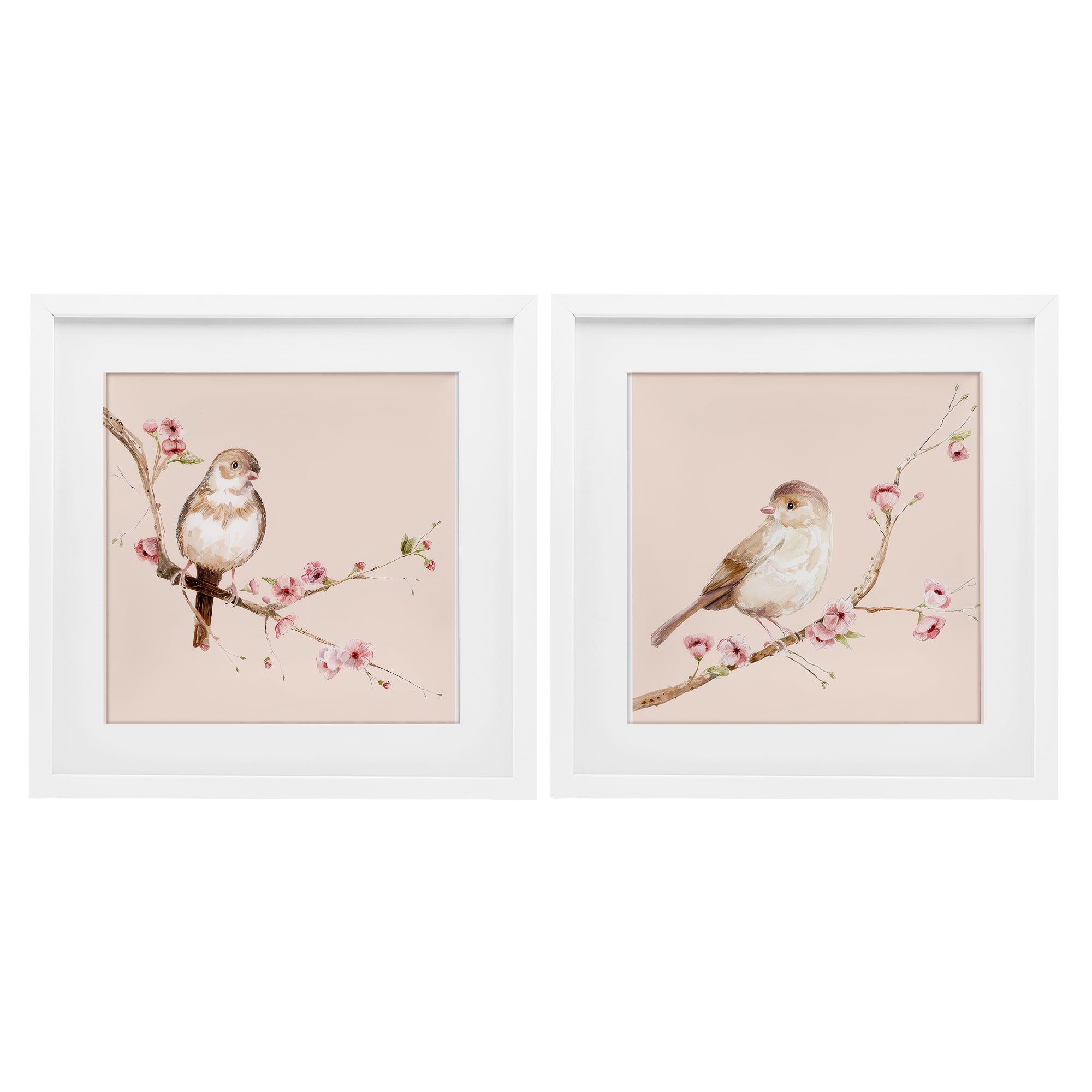 Sweetest Brown Birds Branch 2 Piece White Framed Print Under Glass Set, design by Lisa Wehmeyer