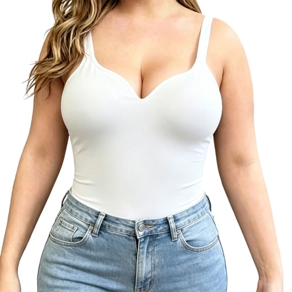 Sweetheart Cami with Built-In Bra for Women Wireless Camisole Tank Top Soft Slim Tummy Shapewear Women Summer Comfy Breathable Cami Daily Beach Travel Outfits, White XL