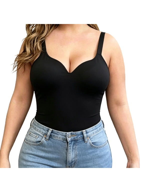 Sweetheart Cami with Built-In Bra for Women Wireless Camisole Tank Top Soft Slim Tummy Shapewear Women Summer Comfy Breathable Cami Daily Beach Travel Outfits, Black 2XL