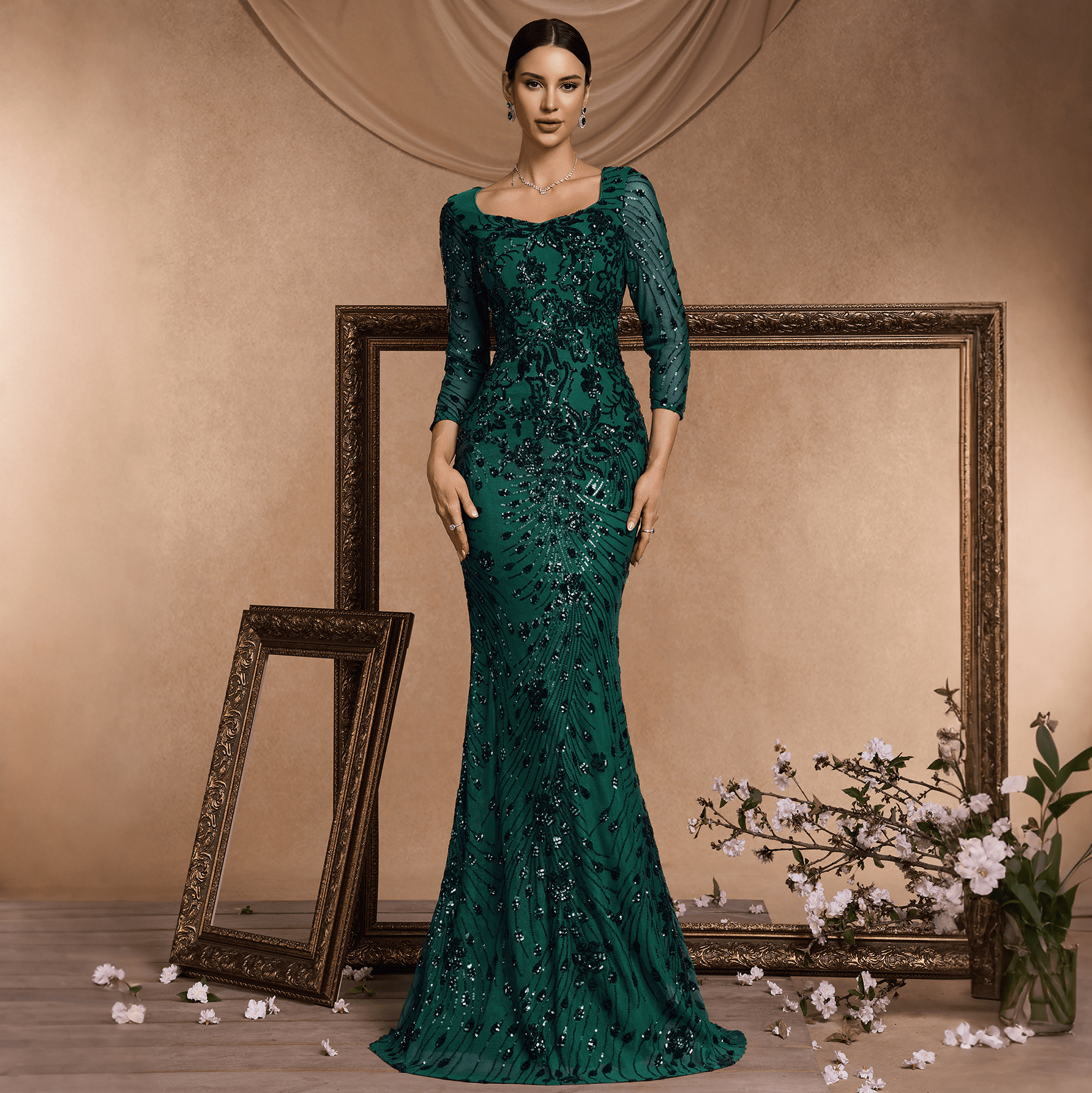 3 4 prom dresses Long Glitter Prom Dress with Lace-Up Sheer Bodice. Mocha Gold / 14
