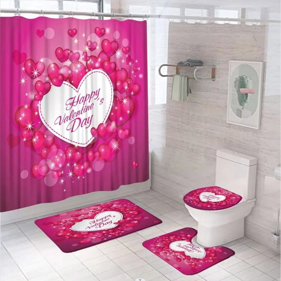 Sweetheart Shower Curtain Set Red Valentines Day Heart Wedding Bathroom Curtains Cloth Screen Non-Slip Bath Mat Rug Toilet Cover