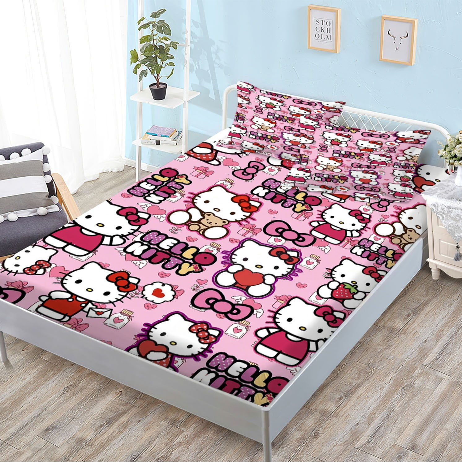 Sweetheart girl KT Cat series fitted bed sheet 3pcs set(fitted sheet+2 ...