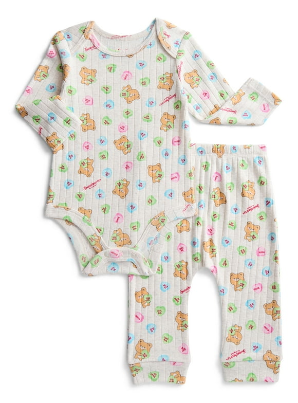 Sweethearts Baby Girls Valentine's Day Long Sleeve Bodysuit with Matching Joggers, 2-Piece Set, Sizes Newborn-12M