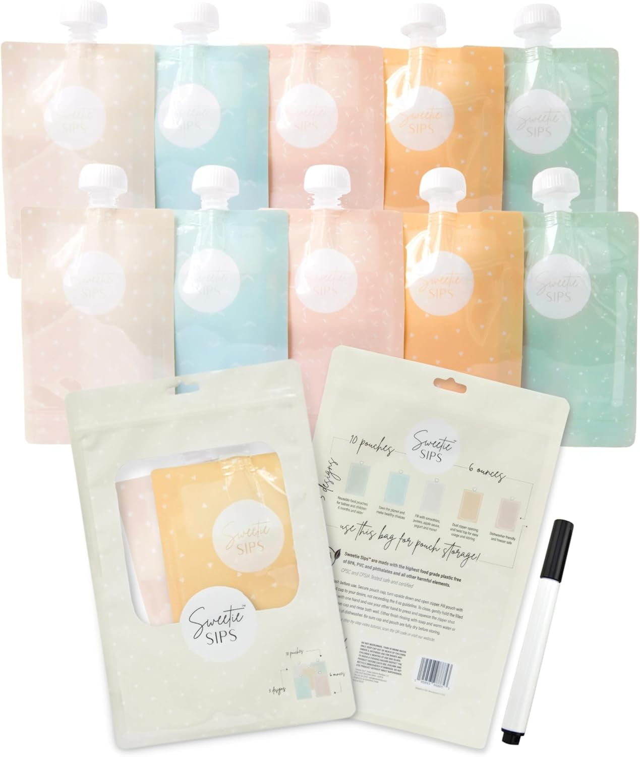 Sweetie Sips 10Pack 6oz Reusable Food Pouches, Baby Food Storage, Toddler Squeeze, Freezer Safe