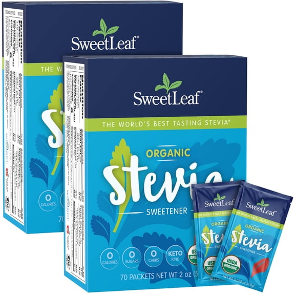Sweetleaf Organic Stevia Packets - Zero Calorie Stevia Powder, No Bitter Aftertaste, Sugar Substitute For Keto Coffee, Nothing Artificial, Non-Gmo Stevia Sweetener Packets, 70 Count (Pack Of 2)