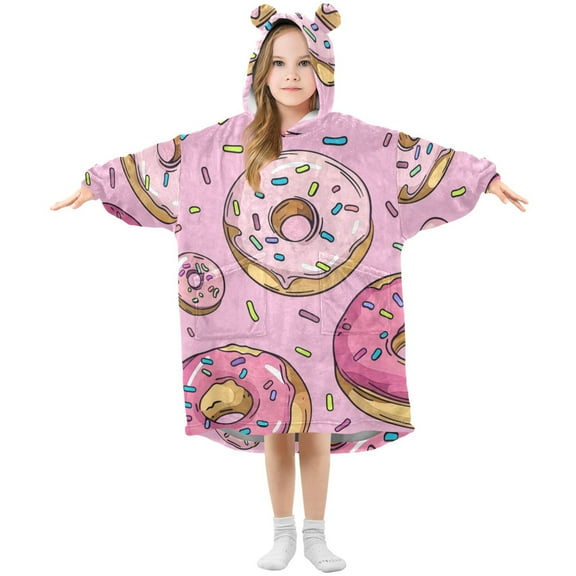 Sweetmeats Cartoon Donuts Flannel Wearable Blankets Hooded Design Long Sleeves Wrap Unisex for 3T-14Y S