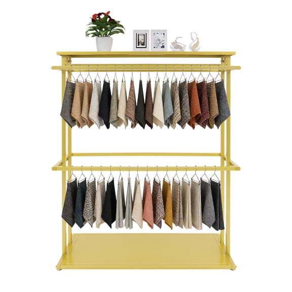 Sweetmile 2-Tier Floor-Standing Fabric Sample Display Rack, Gold Scarf Organizer Stand for Home Craft Rooms, Retail Shops, or Studio Displays