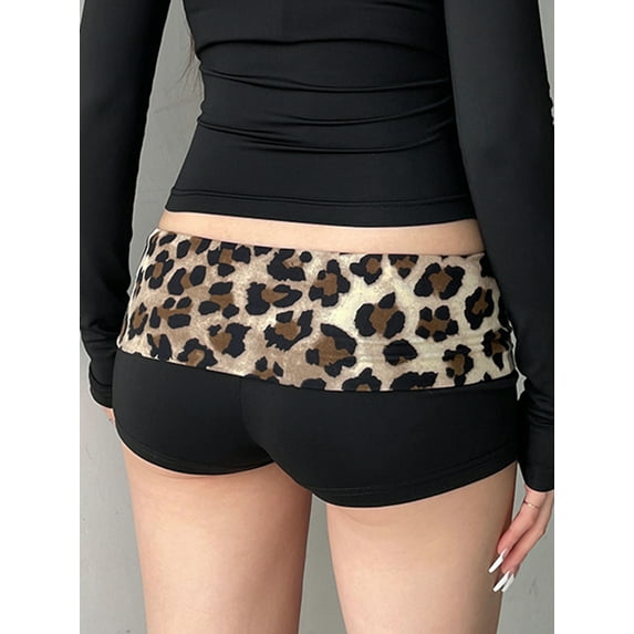 Sweetown Contrast Patchwork Leopard Low Waist Slim Sexy Booty Shorts Womens Baddie Outfits