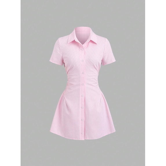 Sweetra Sweet & Fresh Pink Short Sleeve Shirt Dress, Slimming Waist