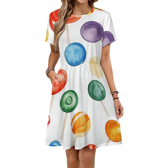 Sweets And Rainbow Lollipops Pattern Dress Fashion Beach Short Sleeve Dresses Female Party Printed Sundress