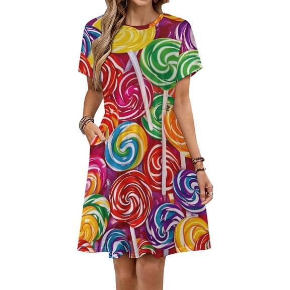 Sweets And Rainbow Lollipops Pattern Dress Fashion Beach Short Sleeve Dresses Female Party Printed Sundress