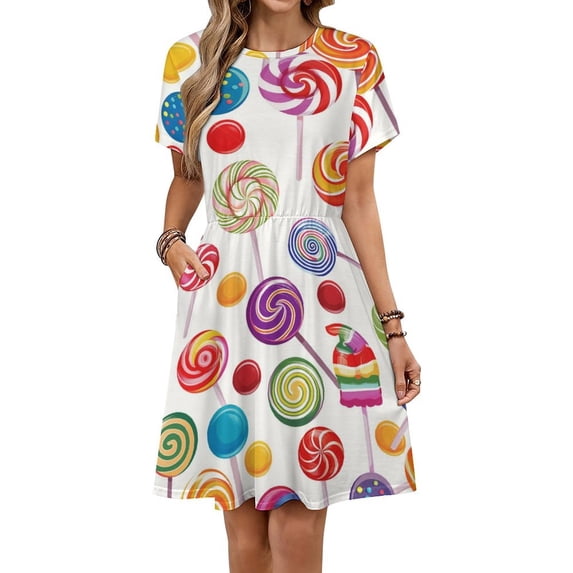 Sweets And Rainbow Lollipops Pattern Dress Summer Street Style Dresses Female Short Sleeve Printed Sundress