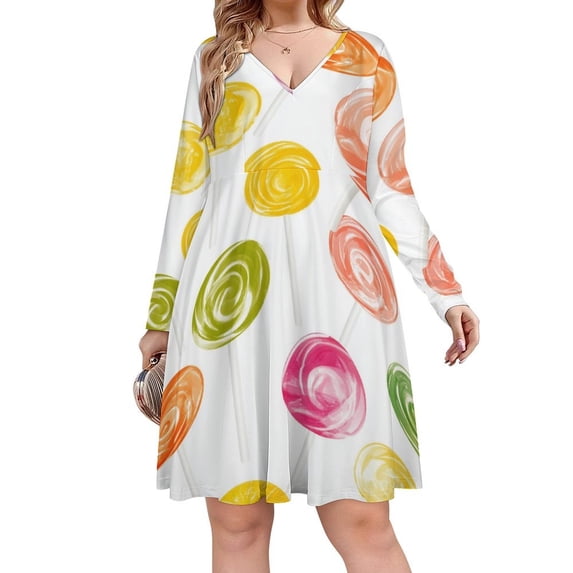 Sweets And Rainbow Lollipops Pattern Long Sleeve Dresses For Women Vintage Elegant Party Dress Oversized V-neck Dress S-8XL