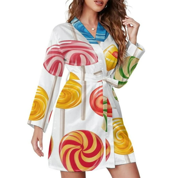 Sweets And Rainbow Lollipops Pattern Night Robe Long Sleeve V Neck Robe With Belt Women's Sleepwear Dresses