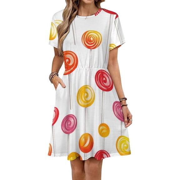 Sweets And Rainbow Lollipops Pattern Short Sleeve Dress Women Summer Evening Dresses Ladies Sundress