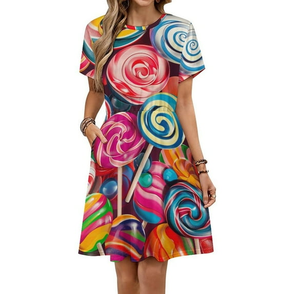 Sweets And Rainbow Lollipops Pattern Short Sleeve Dress Women Summer Evening Dresses Ladies Sundress