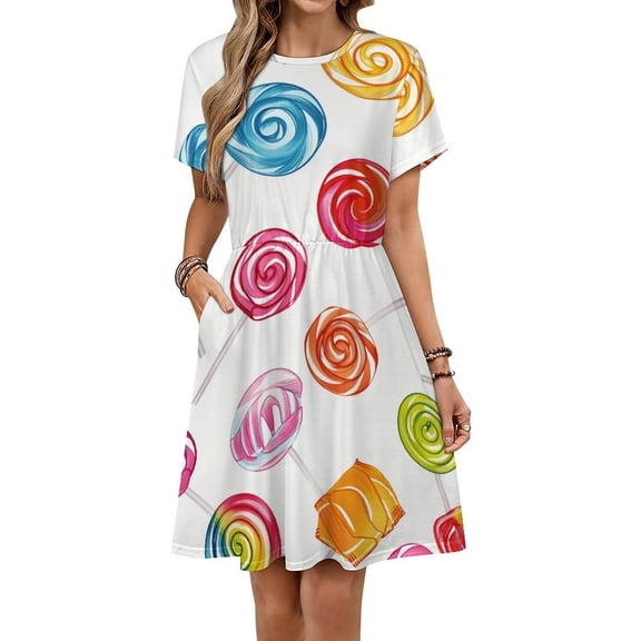Sweets And Rainbow Lollipops Pattern Short Sleeve Dress Women Summer Evening Dresses Ladies Sundress