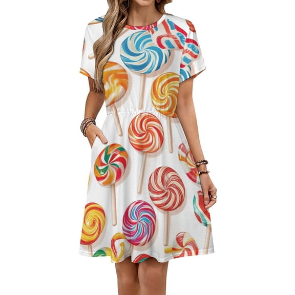 Sweets And Rainbow Lollipops Pattern Short Sleeve Dress Women Summer Evening Dresses Ladies Sundress