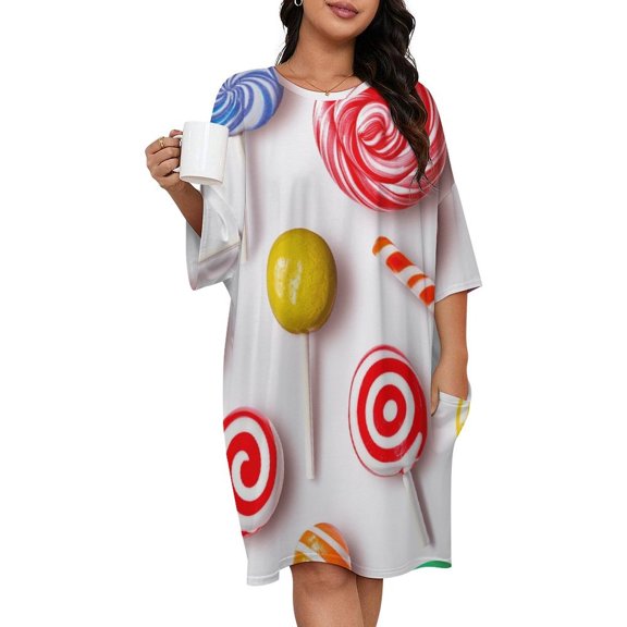 Sweets And Rainbow Lollipops Pattern Sleepshirts For Sleeping Travels Loose Sleepdress Pajama Dress Soft Nightdress Sleepwear