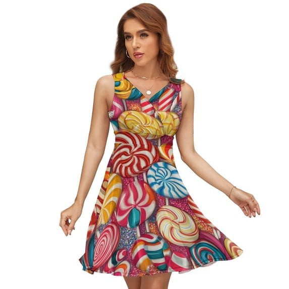Sweets And Rainbow Lollipops Pattern Sleeveless Dress Women Summer Evening Dresses Ladies Sundress