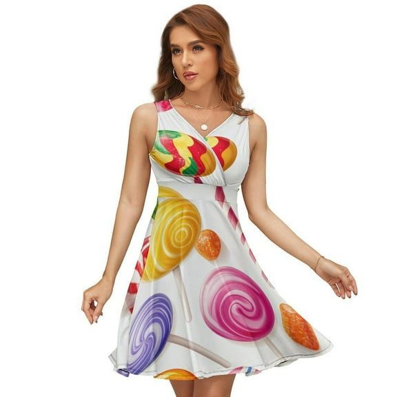 Sweets And Rainbow Lollipops Pattern Sleeveless Dress Women Summer Evening Dresses Ladies Sundress