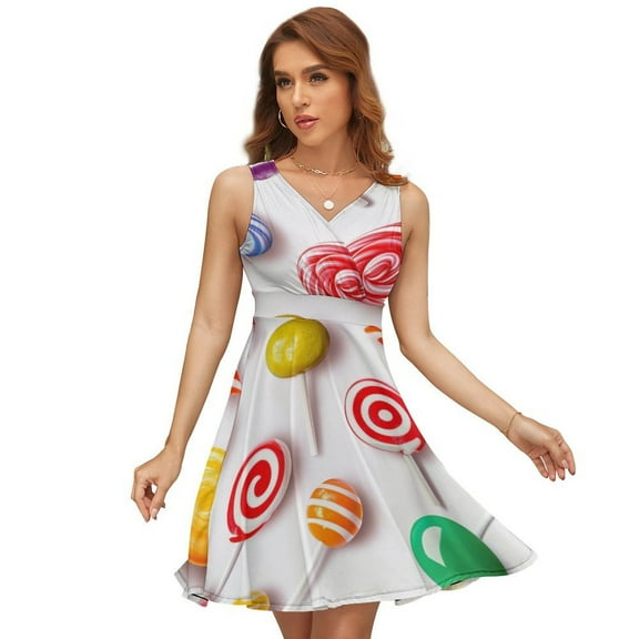 Sweets And Rainbow Lollipops Pattern Sleeveless Dress Women Summer Evening Dresses Ladies Sundress