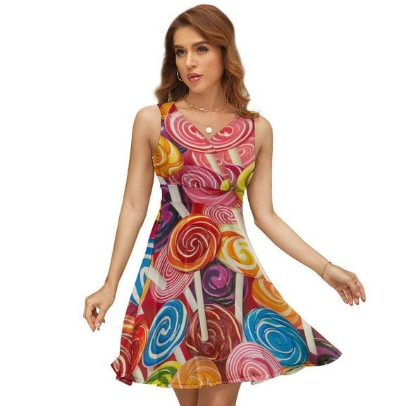 Sweets And Rainbow Lollipops Pattern Sleeveless Dress Women Summer Evening Dresses Ladies Sundress