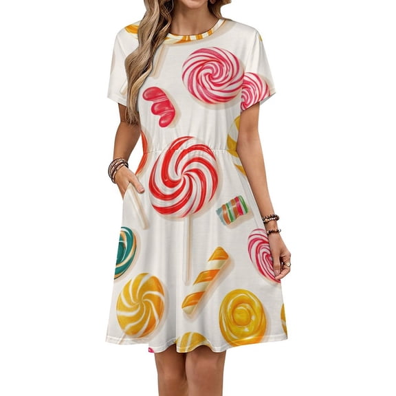 Sweets And Rainbow Lollipops Pattern Sundress Short Sleeve Dress Summer Women Clothes Dress for Women Dresses