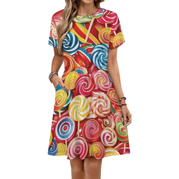 Sweets And Rainbow Lollipops Pattern Women's Dress Short Sleeve Summer Sundress Summer Women Clothes