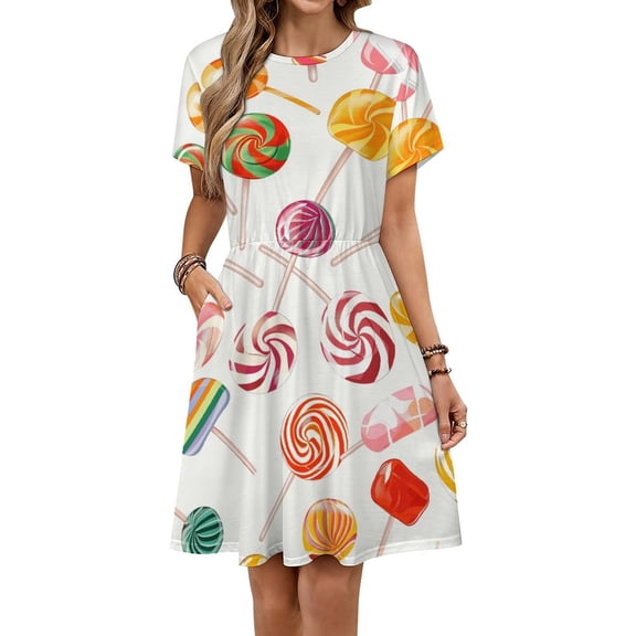 Sweets And Rainbow Lollipops Pattern Women's Dress Short Sleeve Summer Sundress Summer Women Clothes