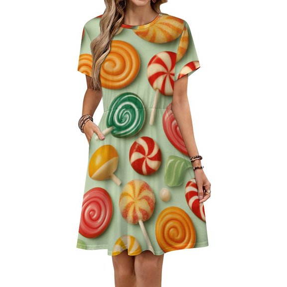 Sweets And Rainbow Lollipops Pattern Women's Dress Short Sleeve Summer Sundress Summer Women Clothes