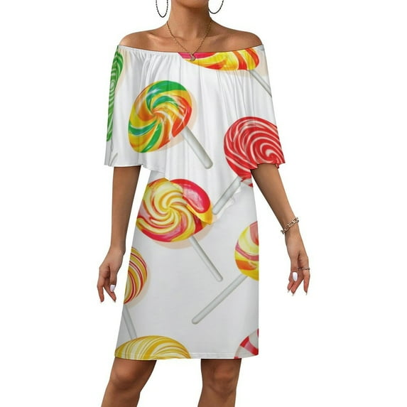 Sweets And Rainbow Lollipops Pattern Women's Off The Shoulder Ruffles Summer Wedding Guest Loose Casual Party Beach Dress