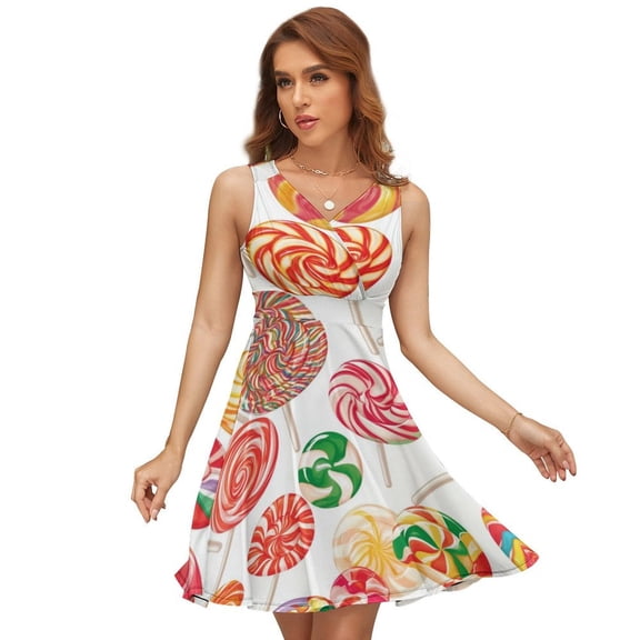 Sweets And Rainbow Lollipops Pattern Women's Tank Dress V Neck Sleeveless Summer Sundress
