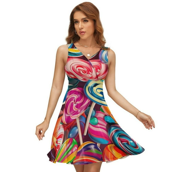 Sweets And Rainbow Lollipops Pattern Women's Tank Dress V Neck Sleeveless Summer Sundress