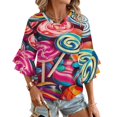 thumbnail image 1 of Sweets And Rainbow Lollipops Pattern Women's V-Neck Blouse With 3/4 Ruffled Bell Sleeves Casual Top Ladies Blouses, 1 of 7
