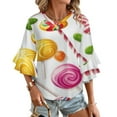 thumbnail image 1 of Sweets And Rainbow Lollipops Pattern Women's V-Neck Blouse With 3/4 Ruffled Bell Sleeves Casual Top Ladies Blouses, 1 of 7