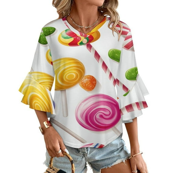 Sweets And Rainbow Lollipops Pattern Women's V-Neck Blouse With 3/4 Ruffled Bell Sleeves Casual Top Ladies Blouses