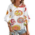 thumbnail image 1 of Sweets And Rainbow Lollipops Pattern Women's V-Neck Blouse With 3/4 Ruffled Bell Sleeves Casual Top Ladies Blouses, 1 of 7