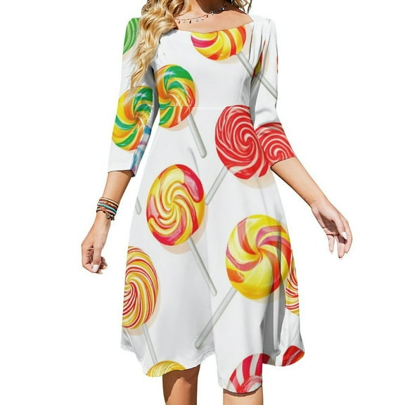 Sweets And Rainbow Lollipops Pattern Womens Summer Dress Tie Back A Line Flare Dress