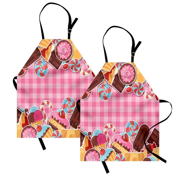 Sweets Apron Pack of 2, Candy Cookie Sugar Lollipop Cake Ice Cream Girls Design, Unisex Kitchen Bib with Adjustable Neck, 2 Pcs - Adult Size, Brown Pale Pink, by Ambesonne