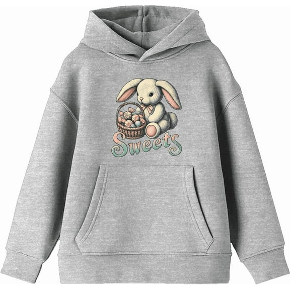 Sweets Bunny WIth Candy Basket   Boy's Heather Gray Long Sleeve Hoodie-XL