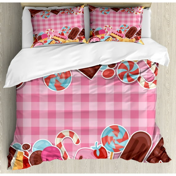 Sweets Duvet Cover Set, Candy Cookie Sugar Lollipop Cake Ice Cream Girls Design, Decorative 3 Piece Bedding Set with 2 Pillow Shams, Queen Size, Brown Pale Pink, by Ambesonne