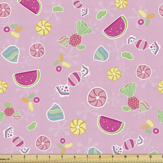Ambesonne Sweets Fabric by the Yard Upholstery, Creative Delicious Fruit, 3 Yards, Pale Pink Magenta Mint