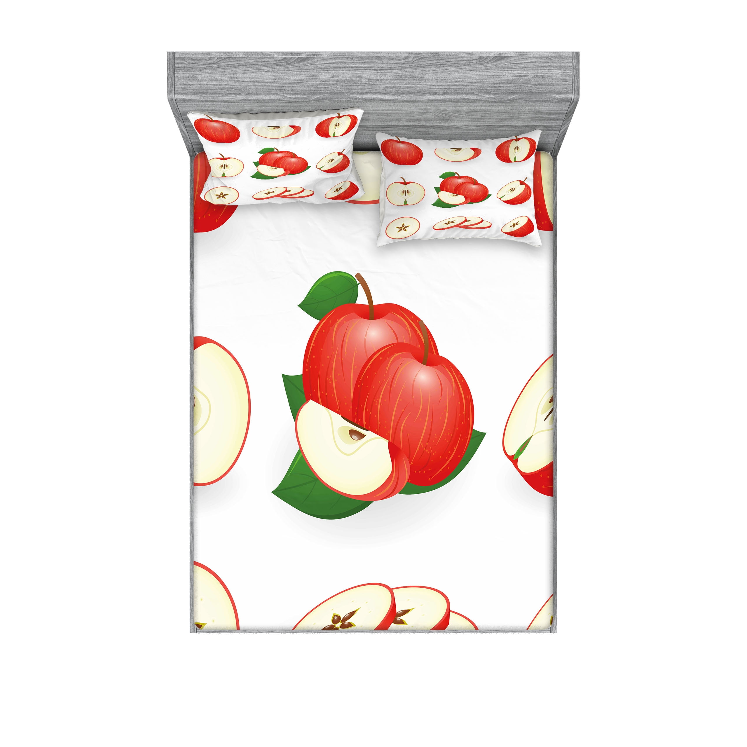 Full Size White and Red Microfiber Apple Print Bedding Set