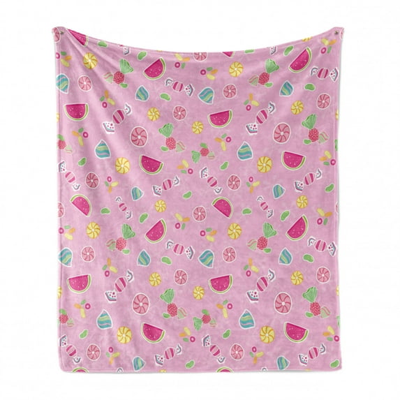 Sweets Soft Flannel Fleece Throw Blanket, Candies Yummy Treats Watermelon Creative Delicious Tastes Kids Design, Cozy Plush for Indoor and Outdoor Use, 50" x 70", Pale Pink Magenta Mint, by Ambesonne