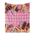 thumbnail image 1 of Sweets Soft Flannel Fleece Throw Blanket, Candy Cookie Sugar Lollipop Cake Ice Cream Girls Design, Cozy Plush for Indoor and Outdoor Use, 70" x 90", Brown Baby Pink, by Ambesonne, 1 of 6