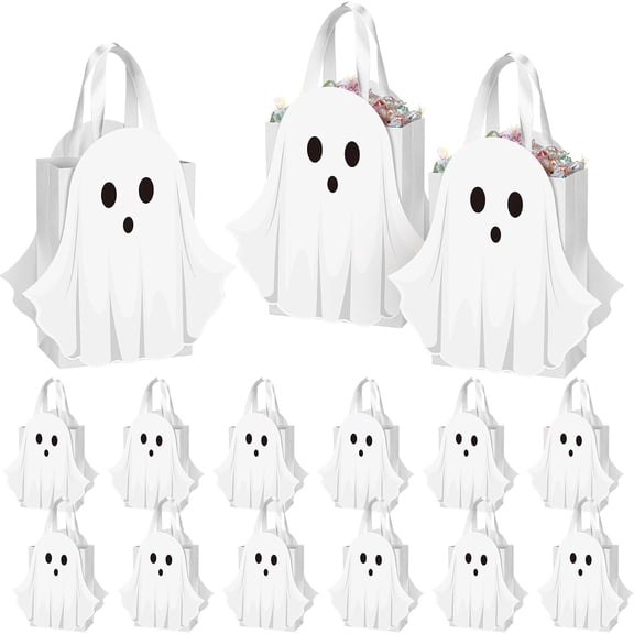 Sweetude 10 Pcs Halloween Ghost Paper Gift Bags Party Favor Bags with Handle for Trick-or-treat Candy Goodie Pastel for Halloween Spooky Birthday Holiday Party Supplies