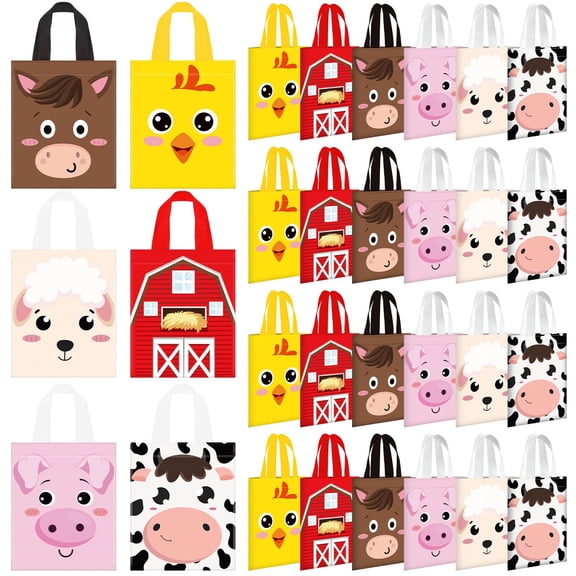 Sweetude 24 Pcs Farm Animal Party Favor Bags with Handle - 9.84'' x 7.87'' Non Woven Candy Treat Bags - Reusable Barnyard Gift Tote Bag for Animal Themed Birthday Party Favor Supply Y101